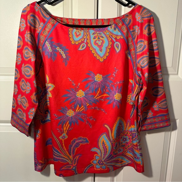 Gretchen Scott size small scuba material 3/4 length sleeve floral pink blouse - Picture 1 of 5